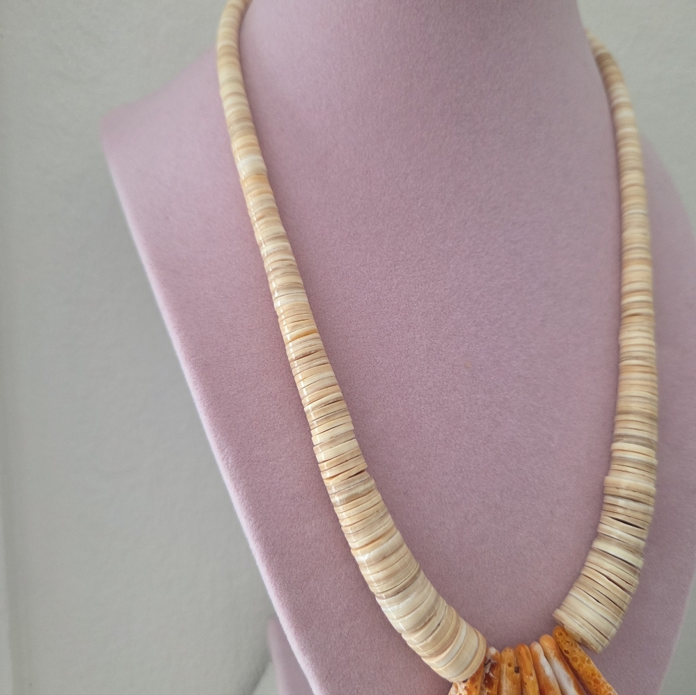 Melon Heishi Shell & Orange Spiny Oyster Necklace Boho Beachy Southwestern - Picture 4 of 6
